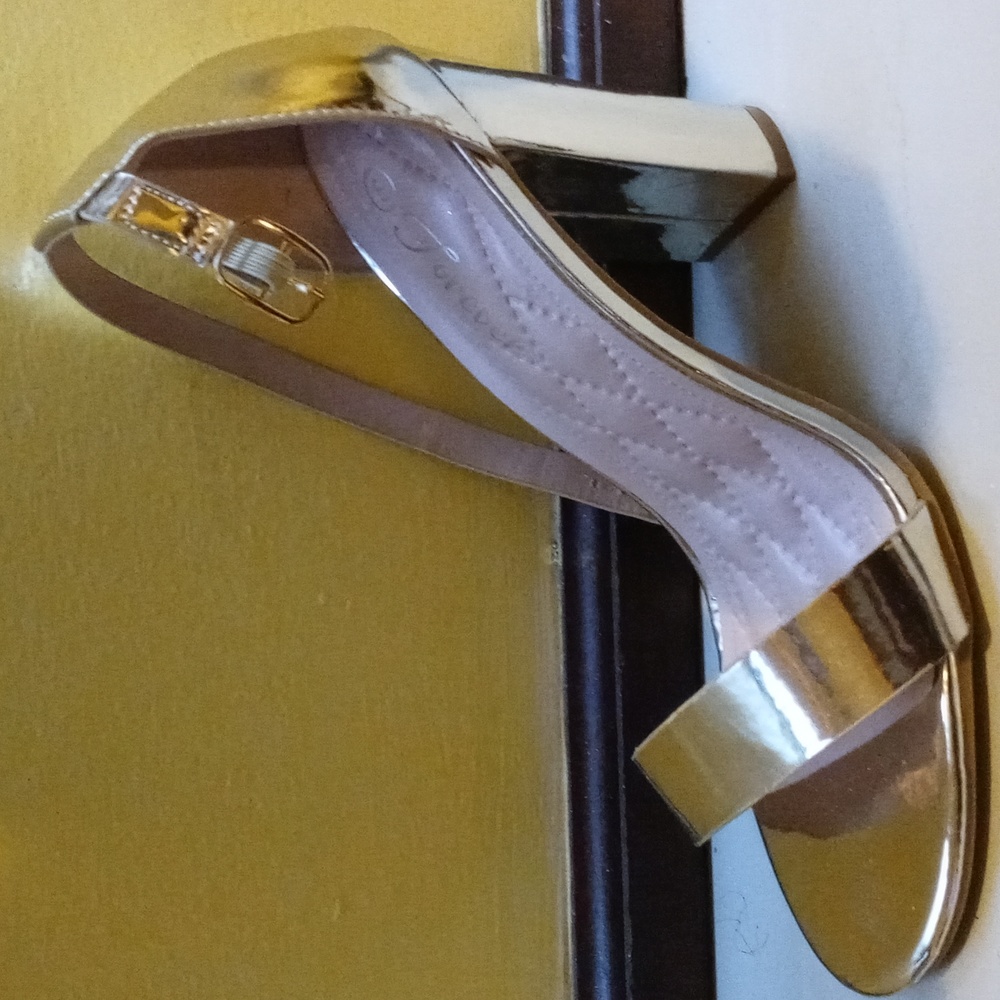 Gold chunky heel 1 strap heels